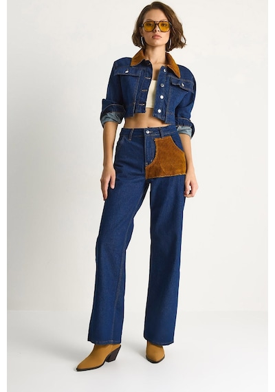 Shade Kadın Kadife Yaka Ceket Renk Bloklu Wide Leg Pantolon Denim Takım 6087 60283532 - Lacivert