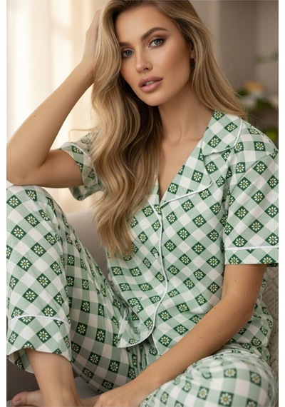 Siyah İnci Pamuklu Düğmeli Biyeli Örme Pijama Takım7886 Yeşil Beyaz Papatya
