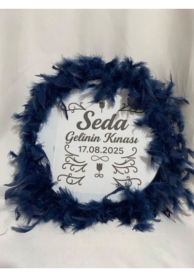 Gelin Tefi 30cm,isim Ve Tarih Yazılı Otriş Süslemeli Kına Tefi Lacivert