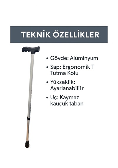 Ayarlanabilir Alüminyum T Baston Kaymaz Tabanlı Yürüme Destek Bastonu