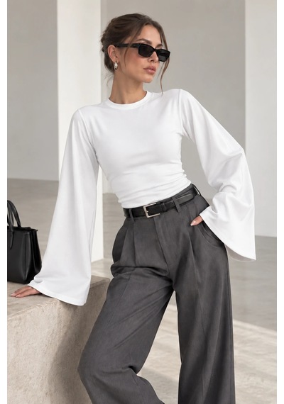 Bb Butik Basic Kadın İspanyol Kol Fit Bluz Zg3535 Beyaz