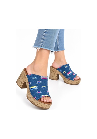 Asmi Shoes Kadın Gresa Mavi Mantar Taban Ortopedik Platform Topuklu Terlik