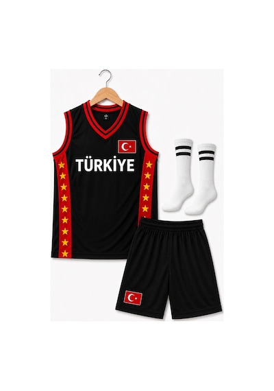 Sonvadi Çocuk Basketbol Forması Türkiye Armalı Siyah-kırmızı 3 Parça Çorap Siyah