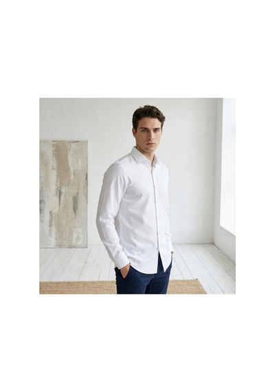 Yusaytr Slim Fit Uzun Kollu Pamuklu Gizli Düğme Yakalı Oxford Gömlek Beyaz Beyaz