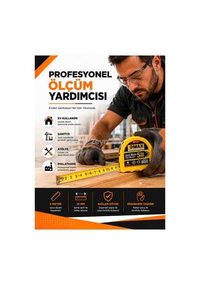 Dmax 3 Metre Şerit Metre 16 Mm Kompakt Ölçüm Metresi Ev Atölye Şantiye Kullanımı 3 M