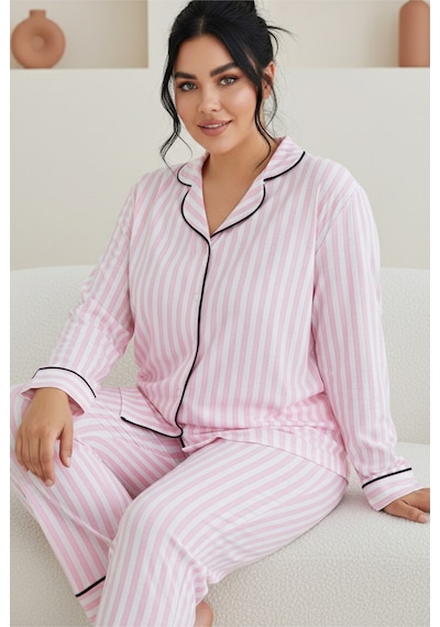 Siyah İnci Desenli Pamuklu Düğmeli Curve Büyük Beden Battal Pijama Takım Pembe Beyaz Siyah İnci Desenli Pamuklu Düğmeli Curve Büyük Beden Battal Pijama Takım Pembe Beyaz