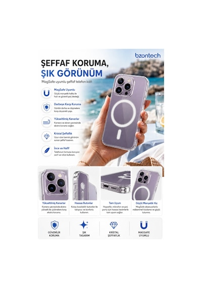 İphone 14 Pro Max Uyumlu Yumuşak Magsafe Kablosuz Şarj Destekli Şeffaf Kılıf Kamera İçin Yükseltilmiş Çerçeve