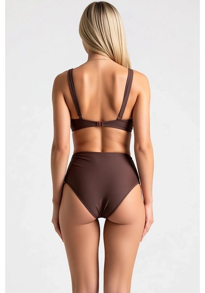 Benerly Kadın Bikini Takımı Balconette Kaplı Kolsuz Yüksek Bel Slip Etnik Kahverengi