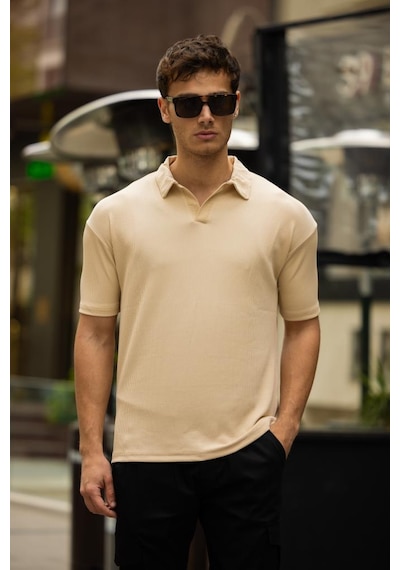 Glasses V Yaka Oversize Fitilli T-shirt - Bej Kahve