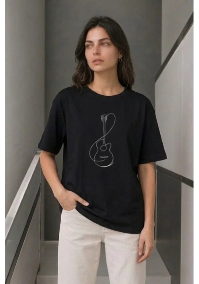 Minimal Gitar Baskılı Tişört T-shirt Yazlık Kısa Kol Bisiklet Yaka T-shirt - Siyah
