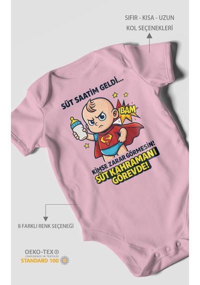 Süt Saatim Geldi Kimse Zarar Görmesin Baskılı Bebek Zıbını Çıtçıtlı Body %100 Pamuk Kısa Kol Koyu Pembe