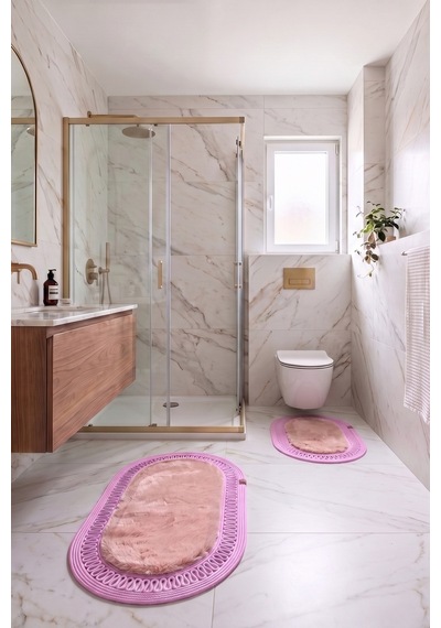 Banyo Paspası Takımı 60x100+40x60 Cm İç Trikot Pembe & Pembe