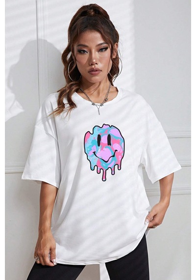Unisex Smile Baskılı Tasarım Tshirt Beyaz
