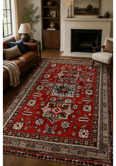 Sultan Nostaljik Kırmızı Kilim Desenli Oturma Odası Salon Robot Süpürge Uyumlu Kolay Temizlenebilir Saçaklı Hali