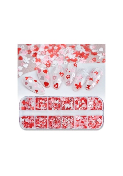 Kırmızı Tırnak Süsleme Folyo Pulları Karışık Dizayn Kelebek Kalp Çiçek Nail Art