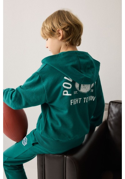 Defacto Pamuklu Regular Fıt Uzun Kollu Baskılı Kapüşonlu Cepli Fermuarlı Sweatshirt Hırka Erkek Çocuk H9848a826augn1116 Yeşil-gn1116