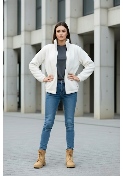 Kadın Oversize Peluş, Polar, Fermuarlı, Teddy Dik Yaka, Sıcak Tutucu Yumuşak Kışlık Ceket Beyaz