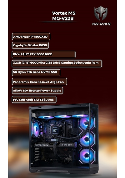 Mod Gaming Vortex R7-7800X3D 32 GB 1 TB SSD RTX5080 Free Dos Oem Paket Masaüstü Oyuncu Bilgisayarı