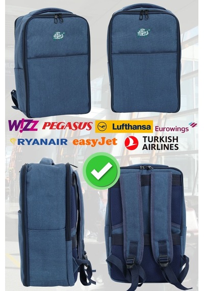 Jet Turtle Seyahat Sırt Çantası 40cm 40x25x15 Cm Pegasus, Wizz Air, Ryanair, El Valizi Koltuk Altı Valizi Mavi Kanvas