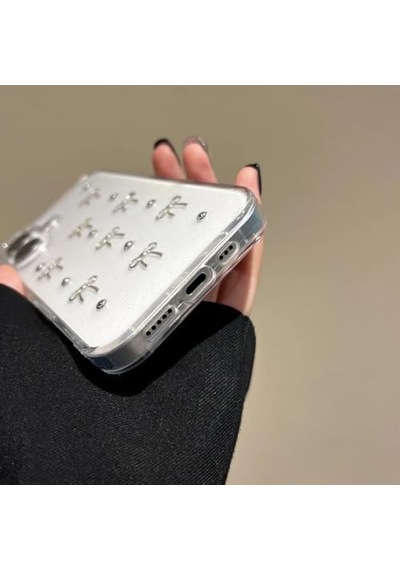 İphone 16 Uyumlu Kılıf Fiyonk Desenli Şeffaf Simli Gümüş Kamera Çıkıntılı Çok Şık Kapak İphone 16 Pro 50 x 22