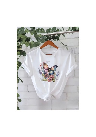 Herkesemoda Kelebek Ay Baskı Detaylı Basic T-shirt Beyaz