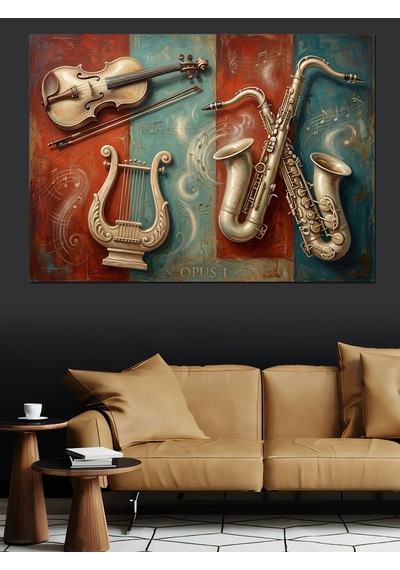 Klasik Enstrümanlar Ve Müzik Notaları Dekoratif Kanvas - Mdf Ahşap Tablo