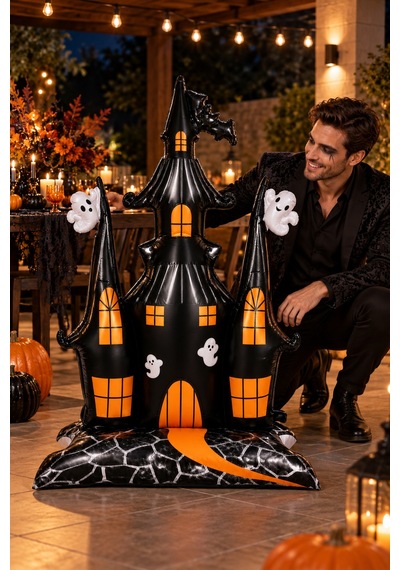 Halloween Cadılar Bayramı Ayaklı Perili Şato Folyo Balon 106 Cm Siyah Turuncu Hayaletli Oda Süsü Çok Renkli