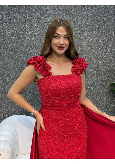 E&a Eren Abiye Olive Kalın Askılı Incı Islemelı Pelerınlı Balık Abıye Kırmızı