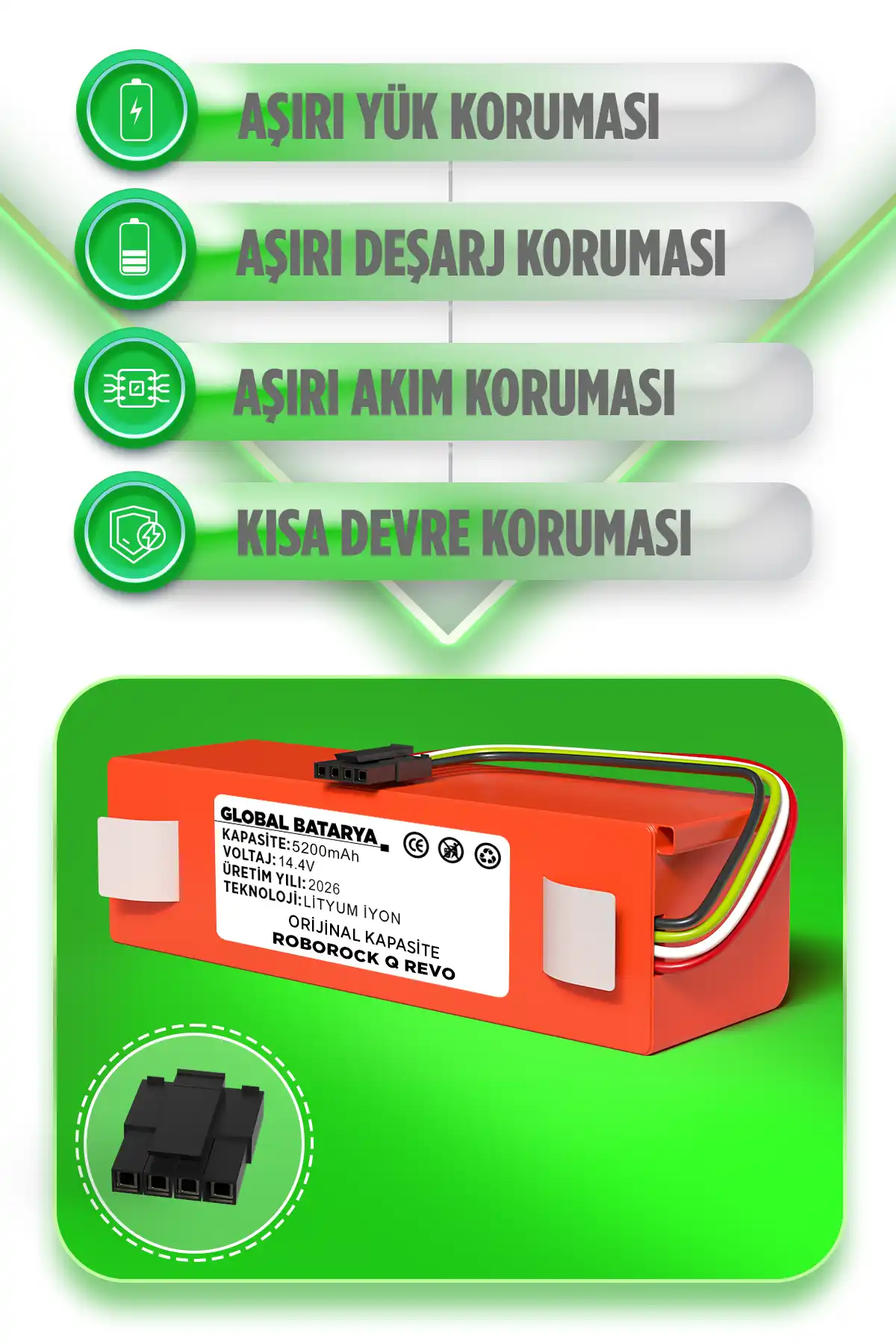 Roborock Q Revo Uyumlu Robot Süpürge Bataryası 14.4v 5200mah Li-ion Pil  Kapasite