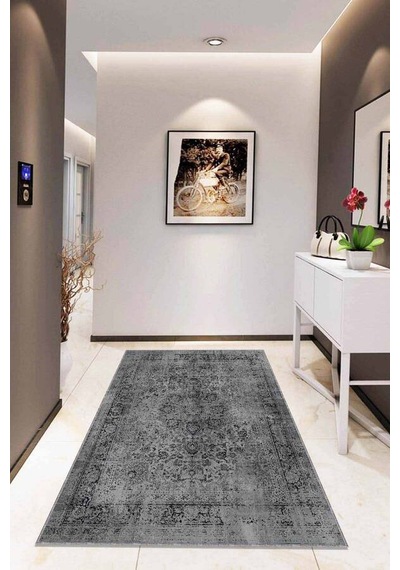 Gri Vintage Kaymaz Tabanlı Makinede Yıkanabilir Halı Rv277n11