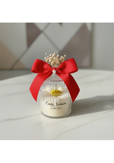 Papatya Desenli Mika Kutulu İsimli Mum Hediyelik Nikah, Nişan & Baby Shower 20 Adet