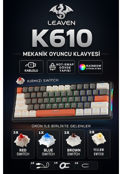 K610 Kablolu Kırmızı Switch Mekanik Oyuncu Klavyesi-61 Tuş Rgb-hot Swap