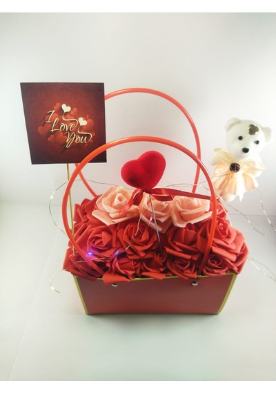 Işıklı Gül Aranjmanı I Love You Yazılı Kalpli Çanta Dolusu Güller Ayıcıklı Romantik Sevgili Hediyesi Led Işıklı Dekoratif Çiçek Gül Kırmızı + Pembe