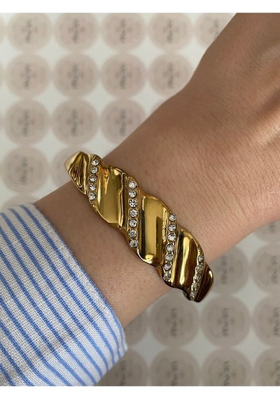 Pinery Jewels İri Taşlı Modern Paslanmaz Çelik Kelepçe Bileklik -günlük Ve Özel Altın