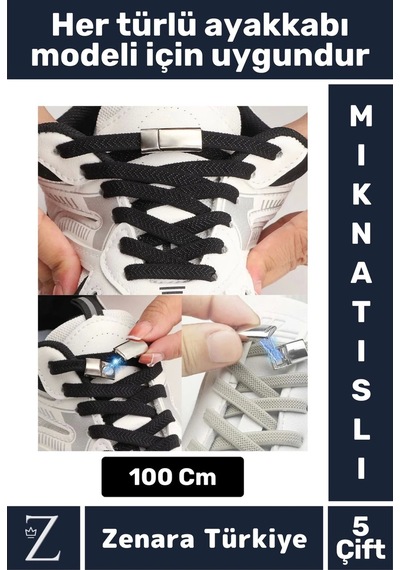 Zenara Premium Pratik Şık Klipsli Manyetik Mıknatıslı Lastikli Çocuk Ayakkabı Bağcığı 100 Cm 5 Çift Çok Renkli