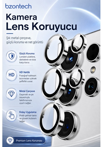 Samsung Galaxy S25 Ultra Uyumlu Kamera Lens Koruyucu Gümüş