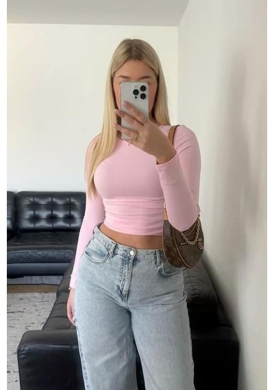 Madmext Pembe Bisiklet Yaka Basic Uzun Kollu Bluz Mg1701