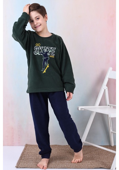 Yeni Sezon Sonbahar/kış Erkek Çocuk Skate Desenli Polar Pijama Takımı 4515 Haki Yeşili
