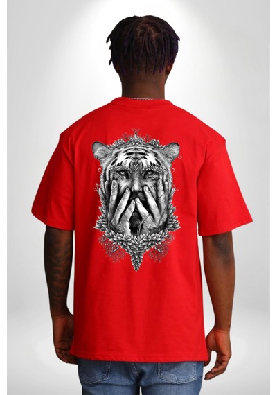 Yarım İnsan Yarım Leopar Mutant Leopar Kral Kırmızı Oversize Unisex Ön Ve Sırt Baskılı Tişört Kırmızı