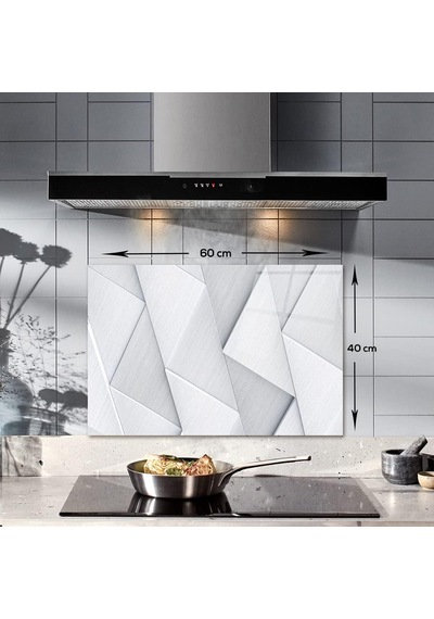Decorıta Gümüş Desen - Cam Ocak Arkası Koruyucu 40cm X 60cm Beyaz