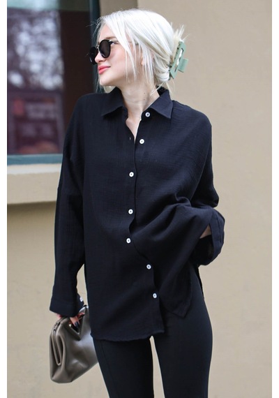 Madmext Siyah Muslin Kumaş Basic Kadın Gömlek Mg1660-siyah Siyah