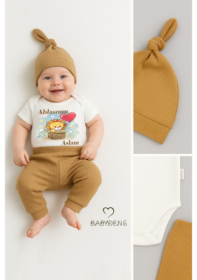 Babyden's Ablasının Aslanı Yazılı 3 Lü Bebek Takımı %100 Pamuklu Çıtçıtlı Kısa Kol Body, Şapka Ve Fitilli Pantolon Set Kahverengi