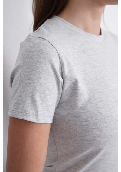 Crop Slim Fit Pamuk Likra Tişört-kar Melanj Kar Melanj