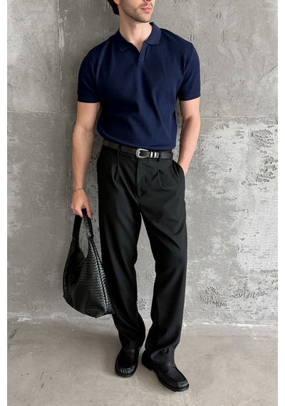Erkek Petek Desen Polo Yaka Triko T-shirt Lacivert