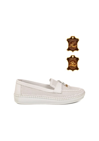 Voyager Beyaz Hakiki Deri Anatomik Rahat Tabanlı Kadın Casual Ayakkabı Loafer Z093