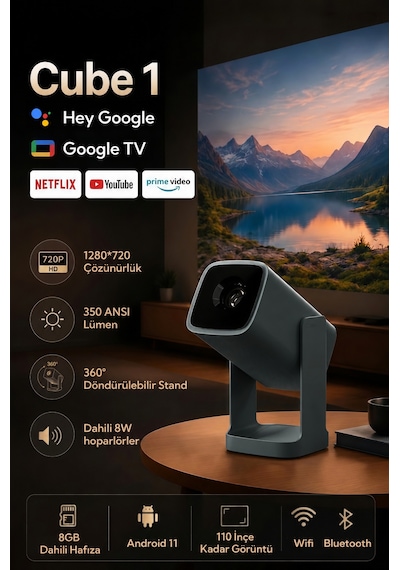 Wanbo Cube1 Projeksiyon Cihazı-Dahili Android TV 11.0 Widevine L1 sertifikalı & 8W Hoparlör -Koyu yeşil