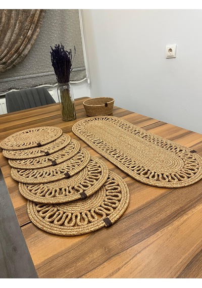 Senza Atelier 7 Parça Jüt Supla Ve Runner Seti - El Örmesi Hasır Yemek Masası Takımı Jüt Hasır