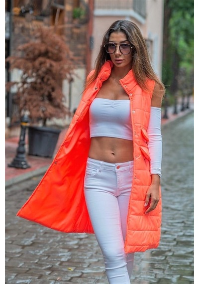 Veraura Lifestyle Turuncu Nar Dik Yaka Cep Detaylı Uzun Şişme Yelek