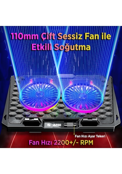 Juo Odin Rgb Işıklı Gaming 2200rpm Çift Fan Led Display Laptop Notebook Soğutucu Stand