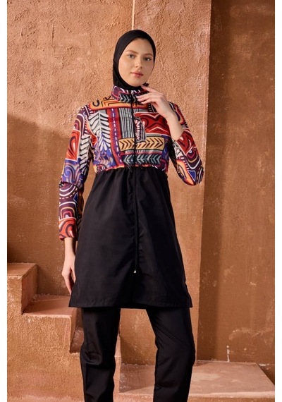 Starinci Tam Kapalı Tesettür Mayo Mozaik Desenli Siyah Model